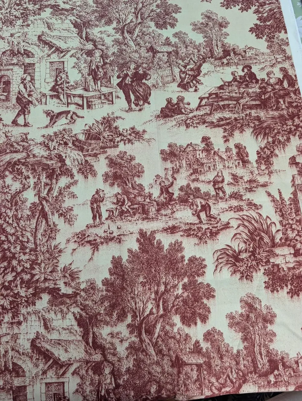 Vintage 1986 French Toile de Jouy Fabric 54x80 In Red Pastoral Screen Print